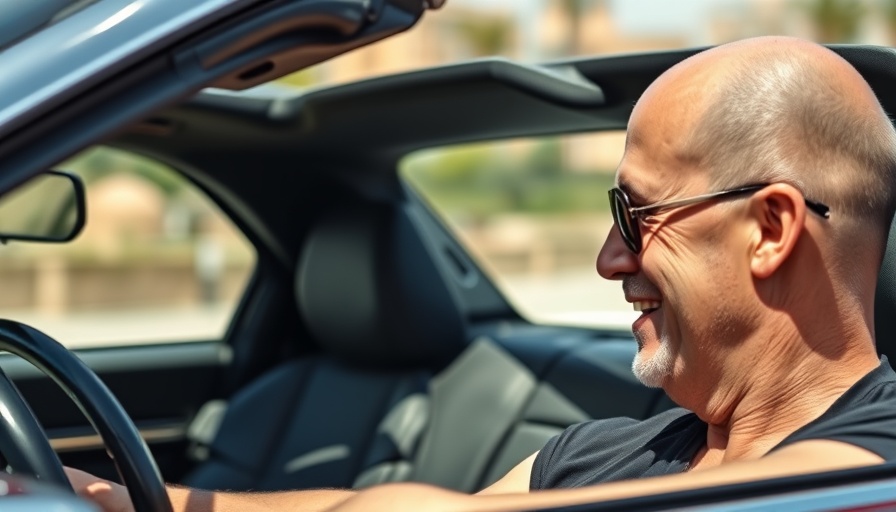Middle-aged man in sunglasses smiling in convertible