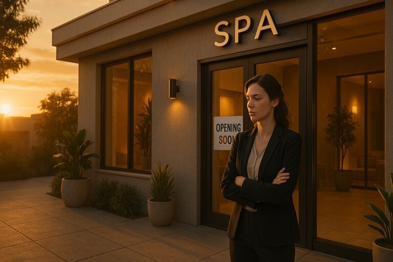 A woman stands outside a spa with an "Opening Soon" sign, looking hesitant and uncertain, symbolizing the fear many spa owners feel before starting their business.