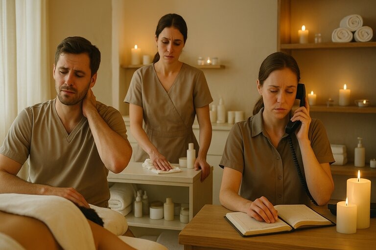 Overworked spa staff showing signs of burnout behind the scenes of a peaceful spa environment—massage therapist tired, esthetician emotionally drained, and front desk overwhelmed with appointments.