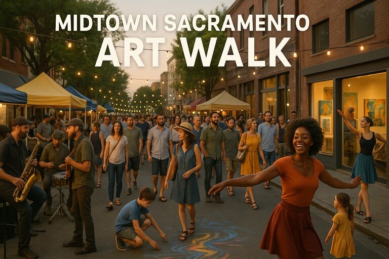 Crowds explore Midtown Sacramento’s art walk with live music, murals, performers, and gallery displays in a festive summer street scene.