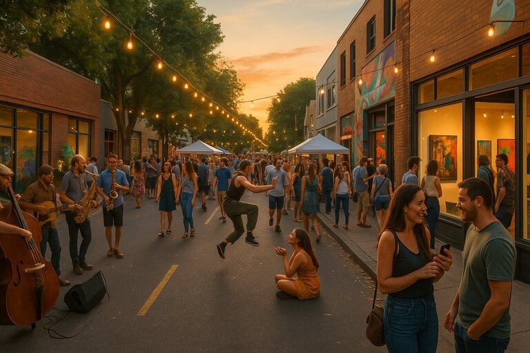 Sacramento’s Midtown Art Walk features live music, pop-up galleries, performers, and local art displays on lively streets under warm sunset light.