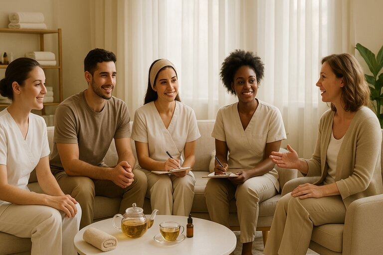Spa team meeting in a peaceful lounge, showcasing diverse roles and personalities, emphasizing the power of understanding individual differences.