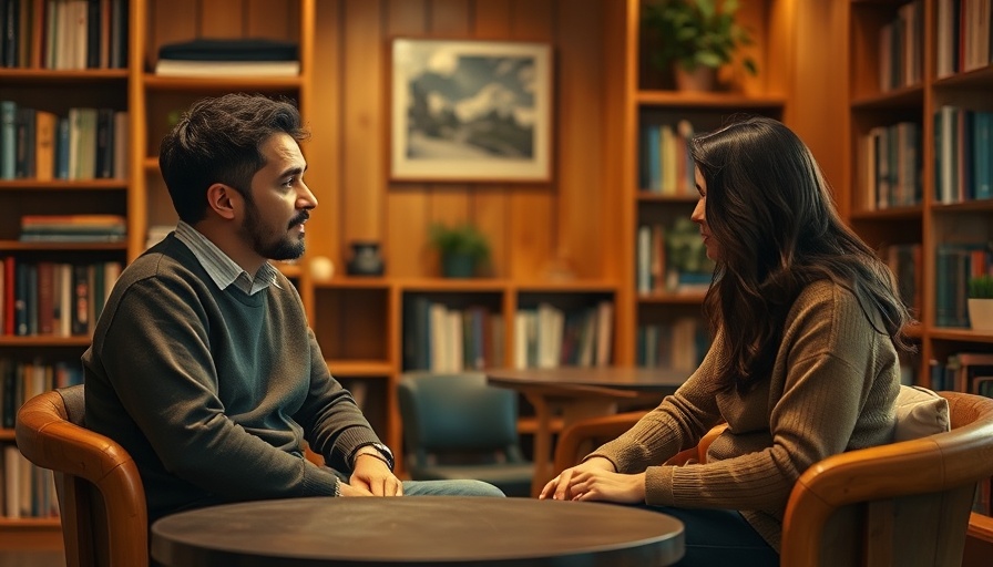 Conversing individuals in a cozy setting with bookshelves in the background