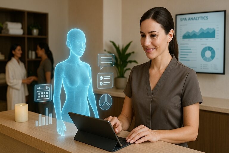 Spa manager using a holographic AI assistant at a modern spa reception desk, representing AI support in wellness business operations.