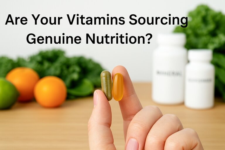 A hand holds two vitamin capsules—one green and natural-looking, the other yellow and glossy—against a backdrop of fresh produce, supplement bottles, and the bold text “Are Your Vitamins Sourcing Genuine Nutrition?” centered above.