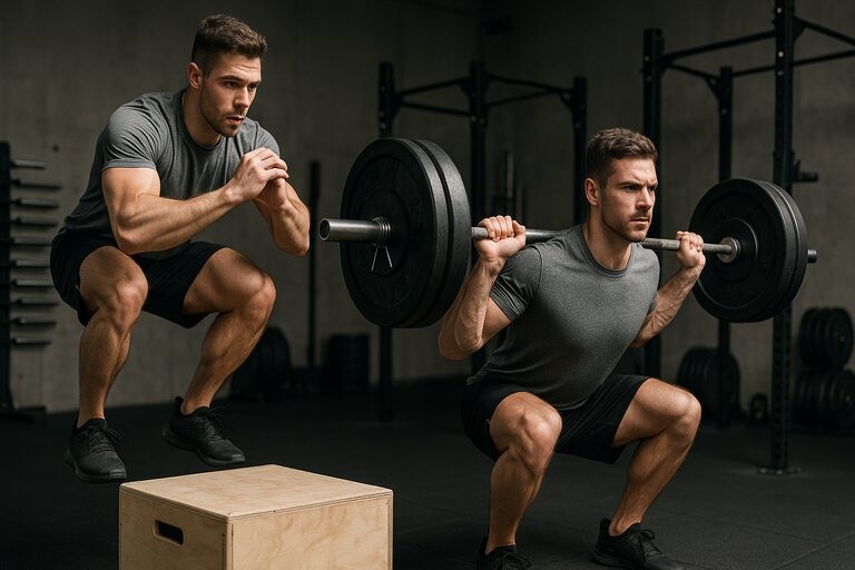 Jump training benefits: man in gym performing box jumps and barbell squats
