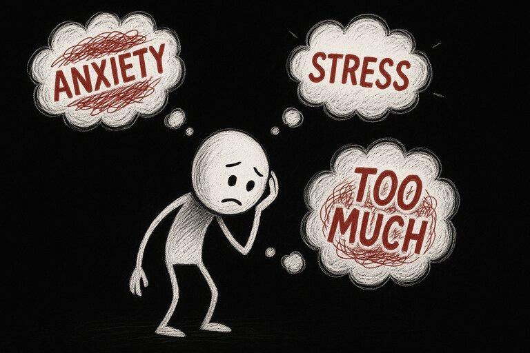 Stick figure with chaotic thoughts, how to practice mindfulness daily