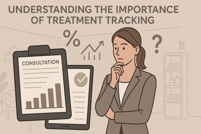 Spa manager analyzes consultation data with charts and graphs, surrounded by icons and spa decor. Text reads: “Understanding the Importance of Treatment Tracking.”
