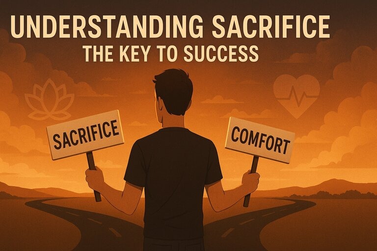 Man stands at sunset crossroads holding “Sacrifice” and “Comfort” signs under the title “Understanding Sacrifice: The Key to Success,” reflecting choice.