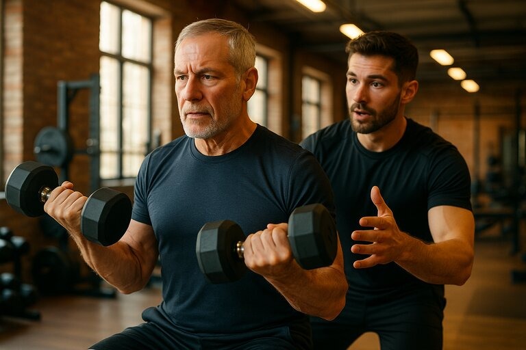 Mature man strength training in gym with trainer for longevity