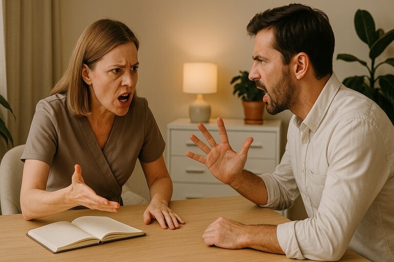 A spa manager and staff member engage in a heated discussion across a desk, both gesturing passionately, with tense facial expressions in a softly lit office setting.