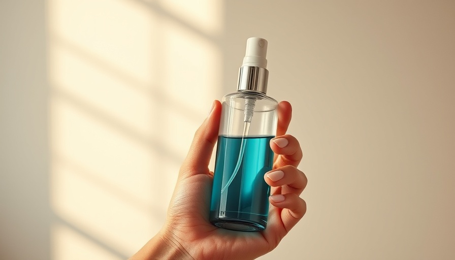 Elegant auratherapy spray bottle in hand, minimalistic.