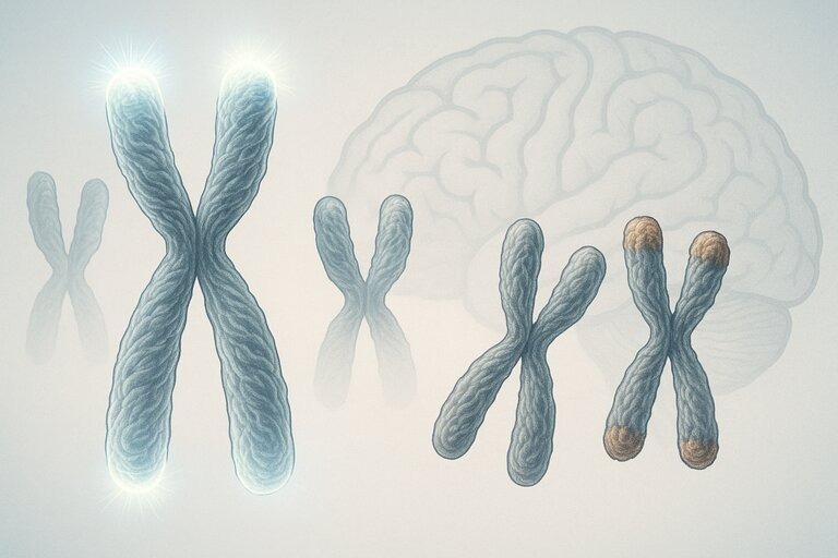 Scientific illustration of chromosomes showing long and short telomeres, representing the connection between telomeres, aging, and brain health.