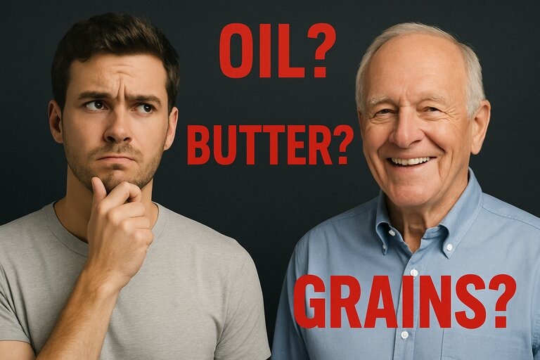 Collage discussing foods to avoid for heart disease, with men and highlighted dietary words.