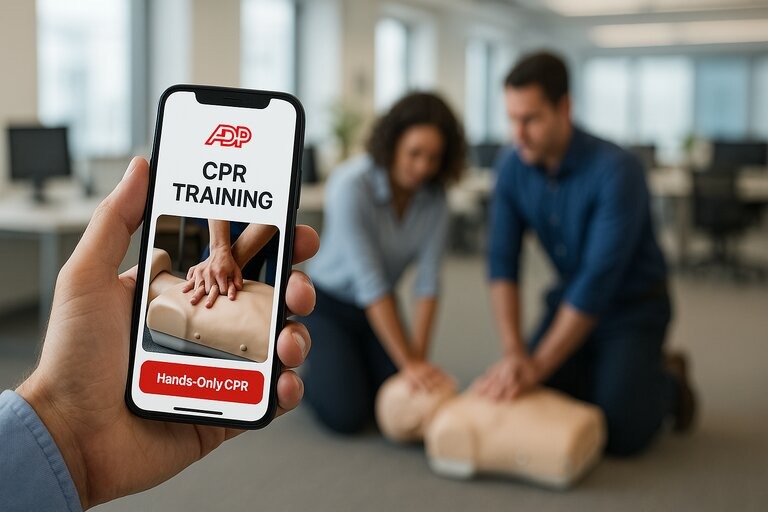 Office worker using ADP Mobile Solutions app for CPR training, with coworkers practicing hands-only CPR on a mannequin in a bright, modern office space.