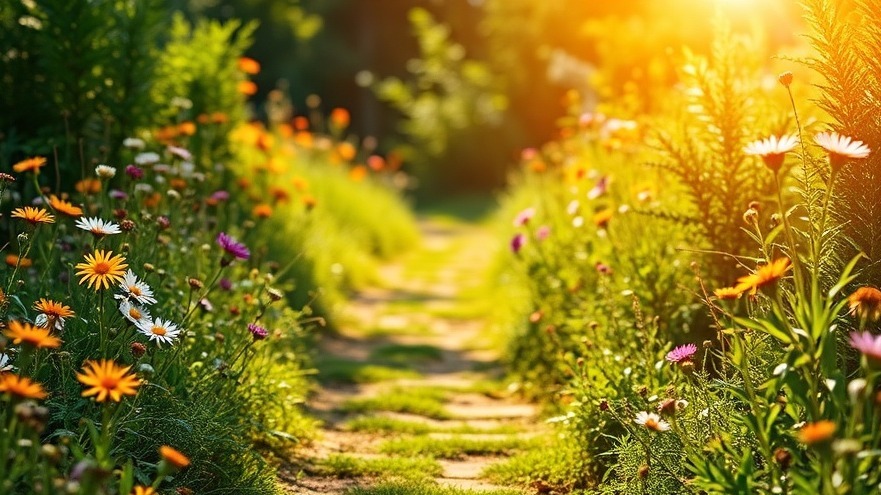 A lush green path with flowers and sunlight