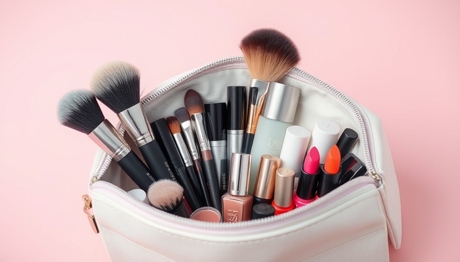 Spa Director's Beauty Bag: makeup and brushes on pink background.