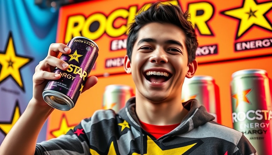 Vibrant Rockstar Energy Drink ad with enthusiastic man.