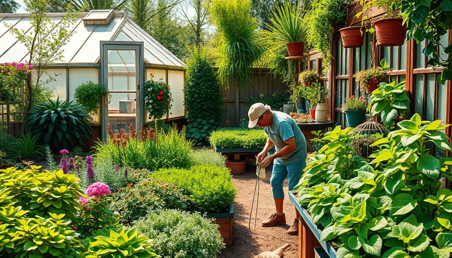 Self-sufficient homestead with lush garden and greenhouse.