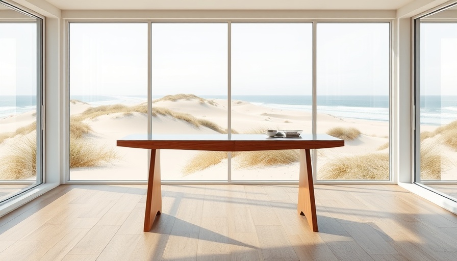 Eco-friendly and non-toxic desk with glass top and ocean view.