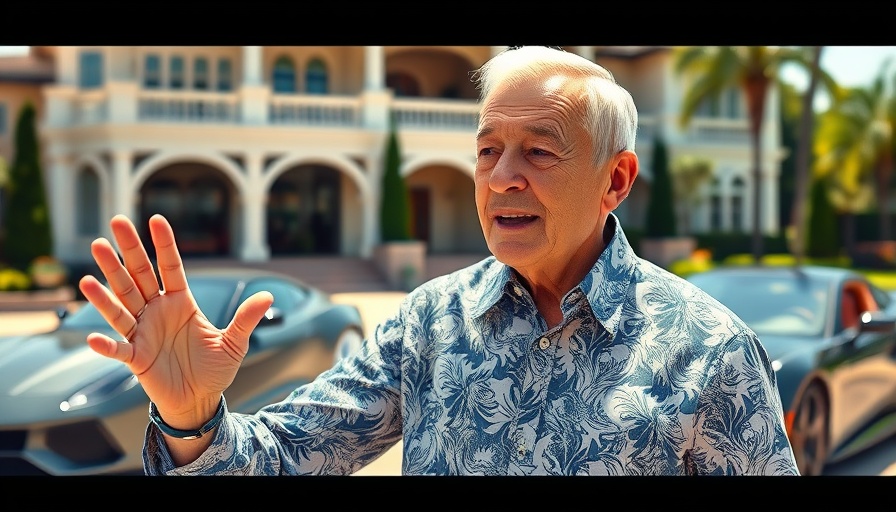 Older man interviewed about his success story outdoors with luxury backdrop.