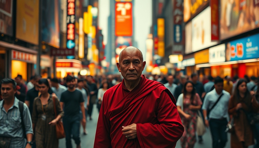 Stop Self Hate and Overthinking with Meditation: A calm monk in a busy city street.