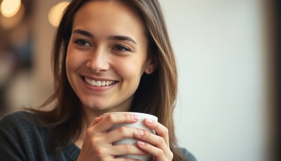 Caffeine safety during pregnancy: calm woman with coffee.