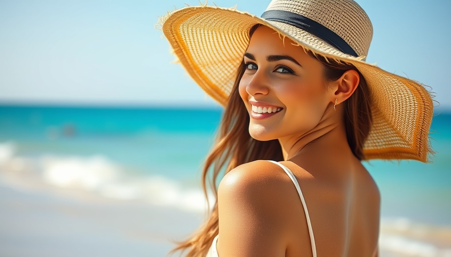 Woman in summery hat smiling at beach for post-sun treatments