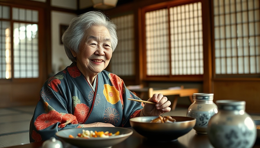 Longevity Secrets from Japanese Elders: Elderly woman in kimono enjoying meal.