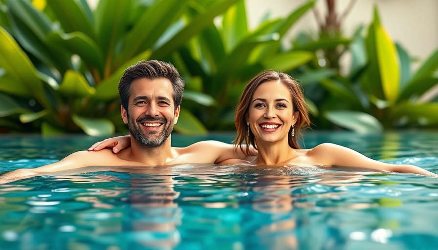 A couple enjoying a luxurious pool amid tropical greenery, reflecting Australia's wellness economy growth.
