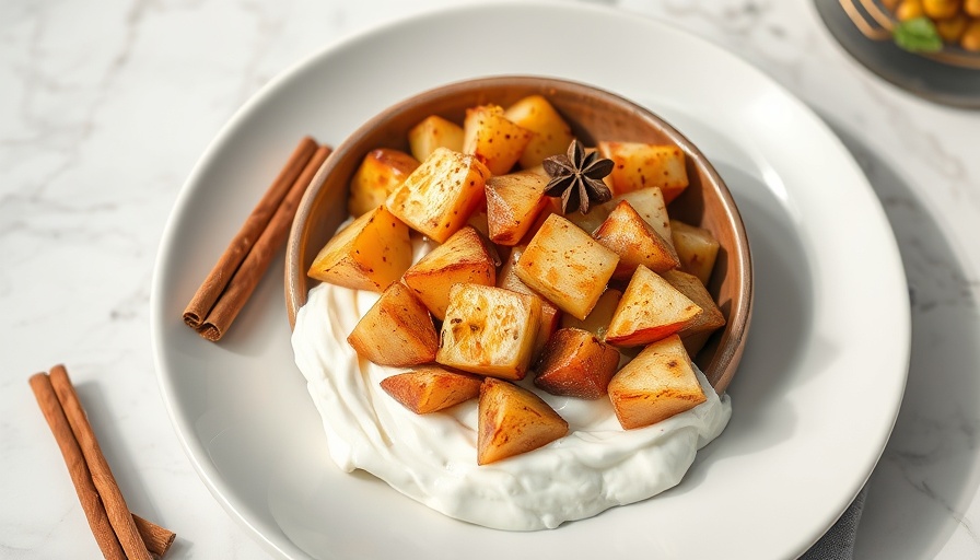 Easy Cinnamon Apples on yogurt in a white bowl, marble table.