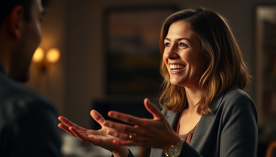 Smiling woman engaging in conversation to build likeability in leadership.