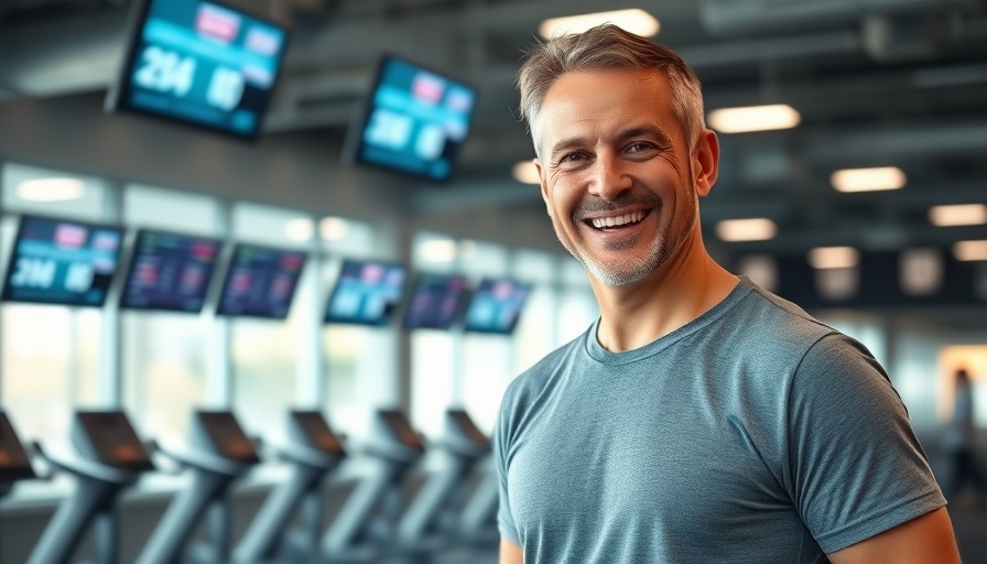Confident man in fitness center, promoting heart and belly health.