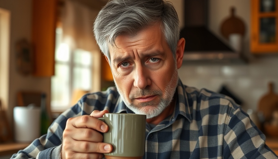 Tired man experiencing social jet lag, holding a mug.