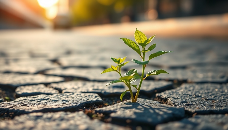 Resilient plant growing through asphalt, symbolizing PFAS-free peptides breakthrough.