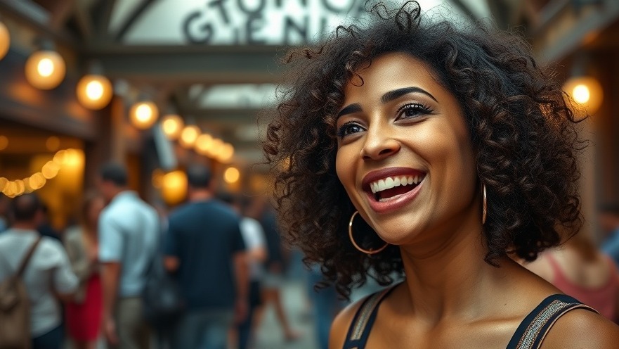 Smiling woman speaking at a bustling venue, showcasing community connection and family fun.