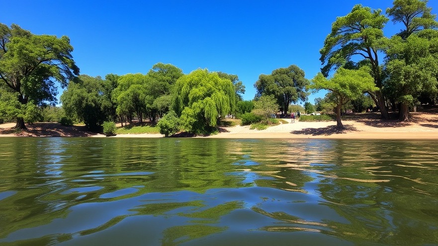 Peaceful river park scene with sandy shoreline and greenery, capturing summer vibes.