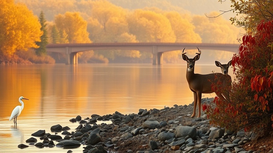 Deer and Egret by the Water, golden morning light reflects a serene river scene.