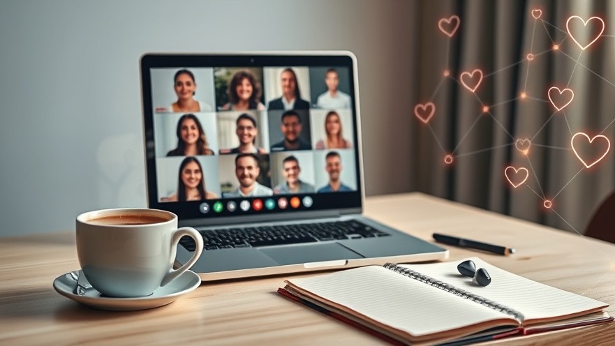 Serene workspace with a laptop video call, showcasing diverse professionals and warm connections.