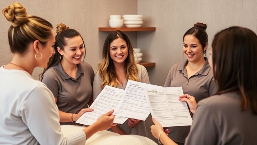 Spa owner leading team huddle, reviewing survey results with smiling therapists.