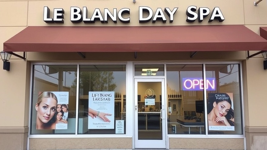 Exterior of Le Blanc Day Spa with bold signage and inviting windows showcasing services.