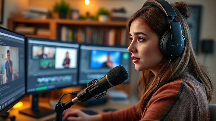 Young woman livestreaming in a cozy studio, showcasing social media trends and video content.
