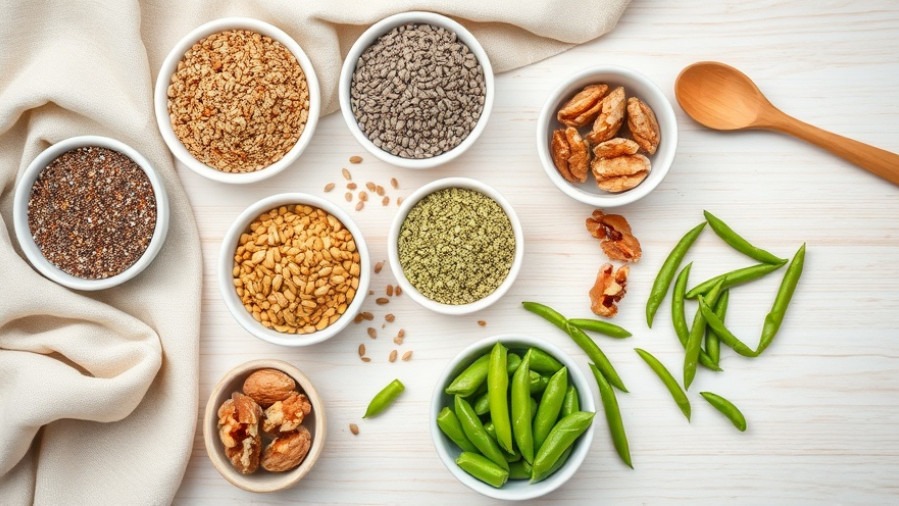 Flat lay of plant-based sources of omega-3, featuring chia seeds, flaxseeds, and walnuts.