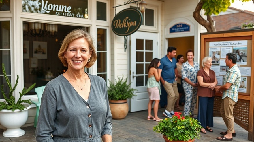 the spa owner, a woman in her forties, stands proudly at the entrance of her spa. She is dressed in a smart-casual outfit, exuding warmth and approachability. Her welcoming smile reflects her commitment to fostering a strong community connection.