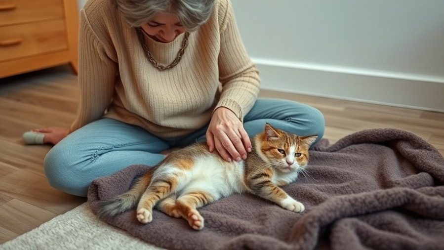 A woman provides emotional support to her relaxed cat, emphasizing pet health issues.