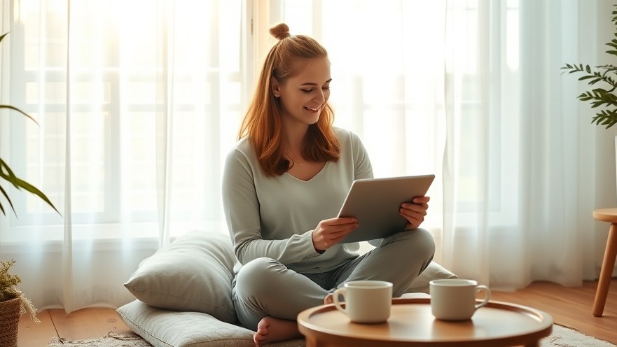 Empowered woman practicing pain reprocessing therapy in serene home setting.