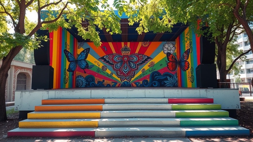 Vibrant colorful stage murals with butterflies and celestial designs.