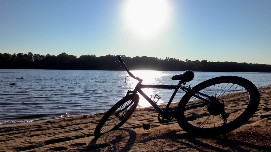 Bicycle on the riverbank at sunset with shimmering water reflections.