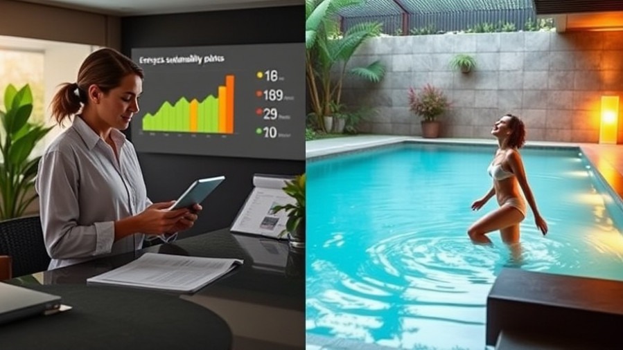 Spa manager analyzes sustainability next to relaxing guest in thermal pool.