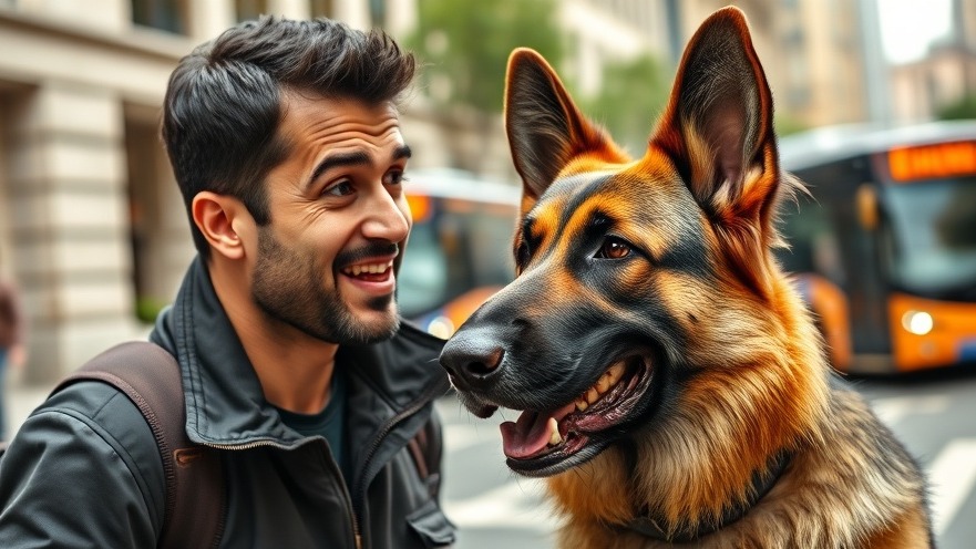 Calm man using positive reinforcement dog training with German Shepherd on a busy city street.